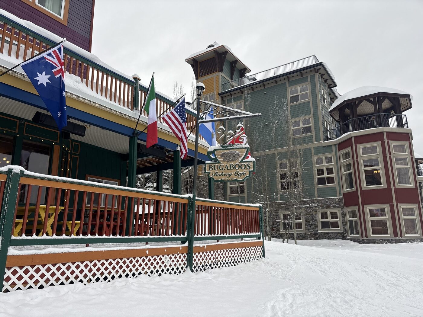 Bugaboos Bakery Cafe building at SilverStar Village with an Australian flag flying out front