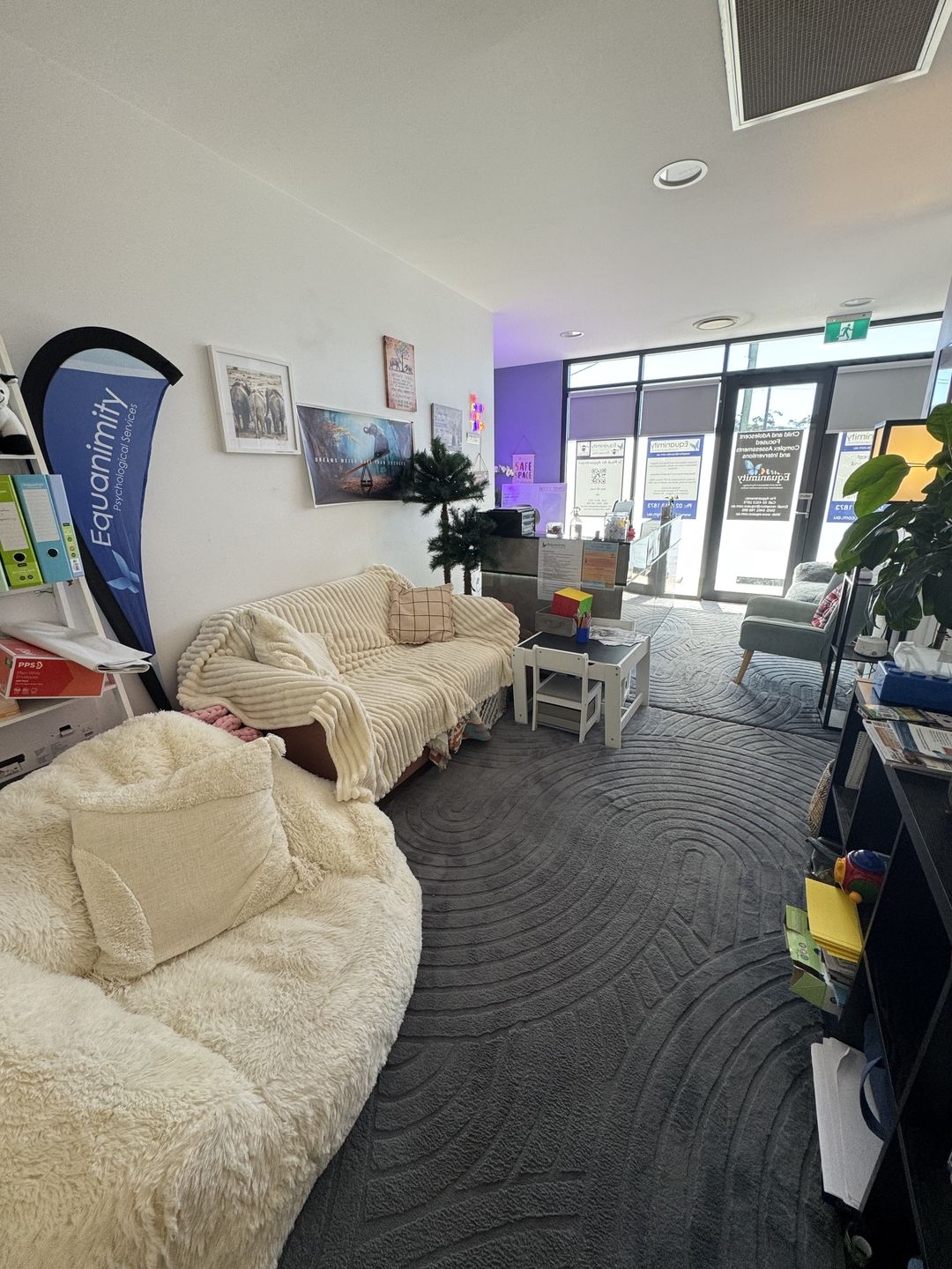 Warm, relaxed waiting lounge at Equanimity's Erina Heights clinic